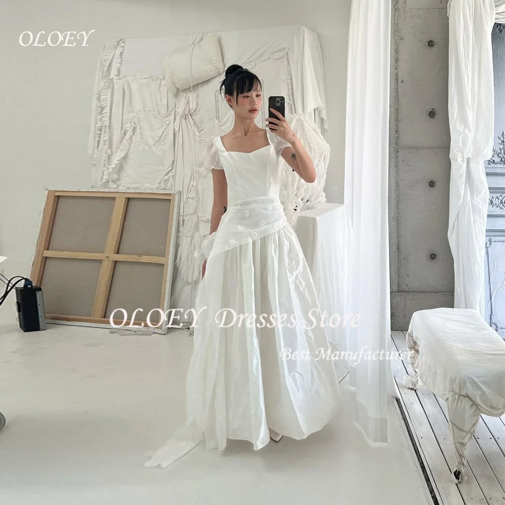 

OLOEY Simple 2026 A Line Taffeta Wedding Dresses Korea Photoshoot Short Sleeves Corset Back Floor Length Bridal Gowns