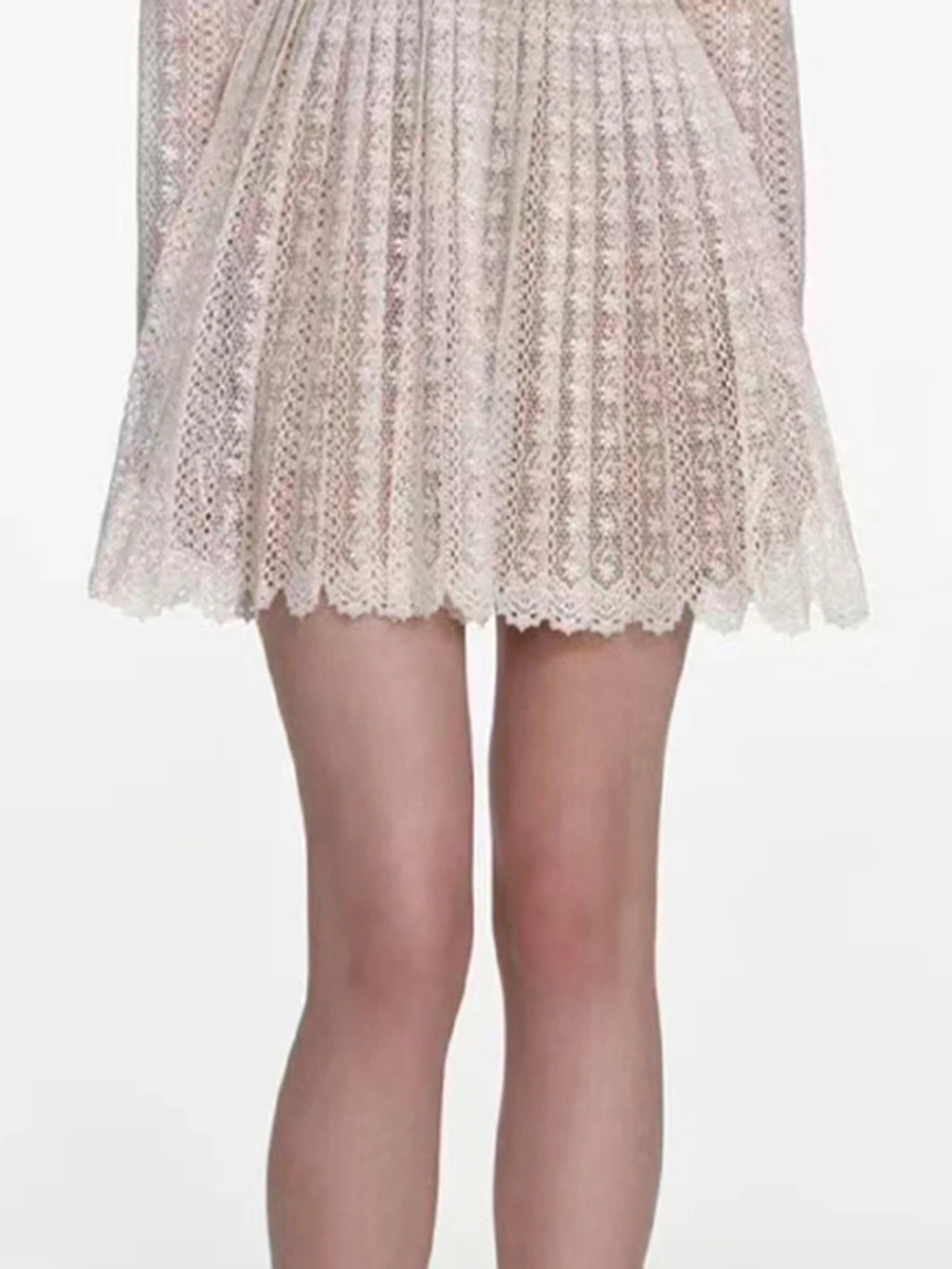 VGH الصلبة التخسيس فساتين الدانتيل الأنيقة للنساء جولة الرقبة طويلة الأكمام عالية الخصر الربيع عارضة حزب فستان قصير الإناث جديد