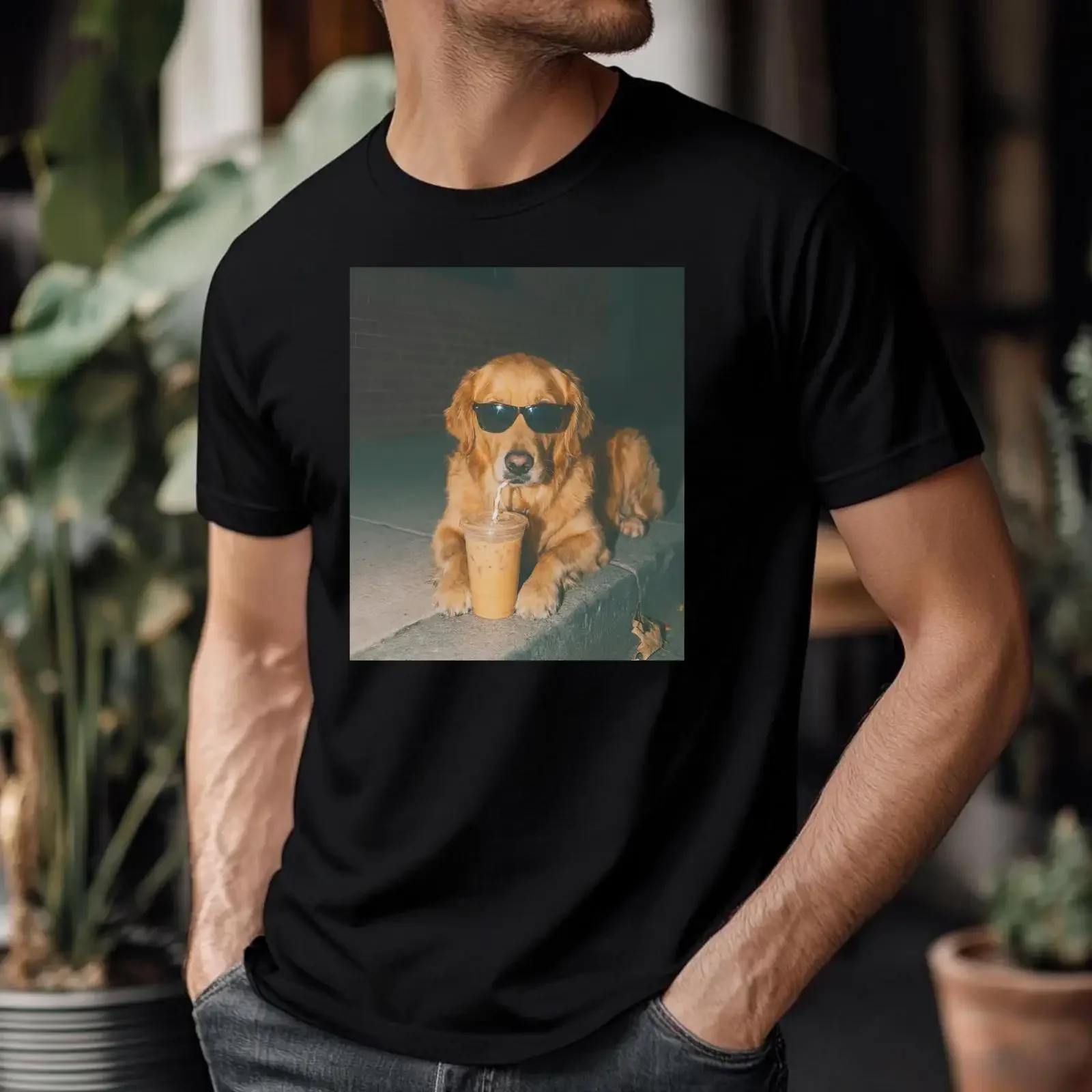 Golden Retriever Iced Coffee T Shirt Dog Wearing Sunglasses 100 Cotton vintage Washed Top For Everyday Wear Casual Soft