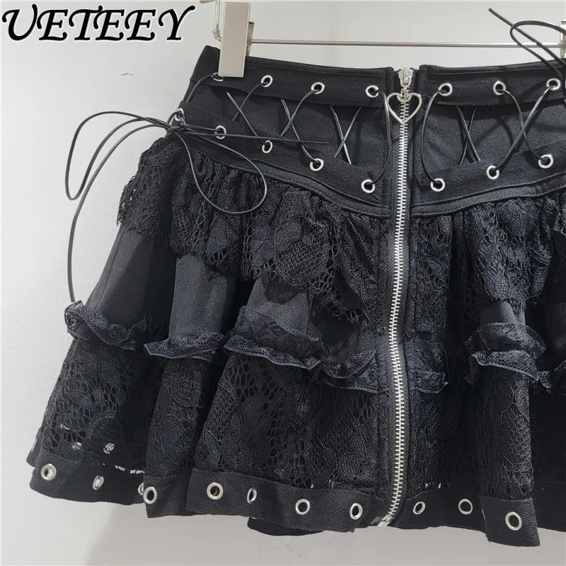 2025 Summer Punk Style Lace Splicing Zipper Short Skirt Fashion Black Strap Design High Waist Fluffy Skirts for Women