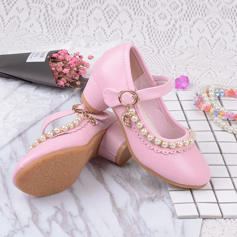 Princess Kids High Heels Shoes Kids Dress Party Leather Shoes Baby Girls Children's White Shoes Enfants Wedding for Girl Gift