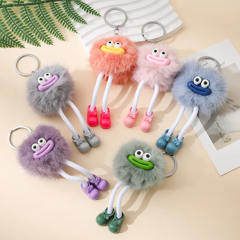 Cute Long Leg Sausage Mouth Plush Pendant Plush Ball Keychain Coal Ball Keychain Bag Decor Accessories Exquisite Couples Gift
