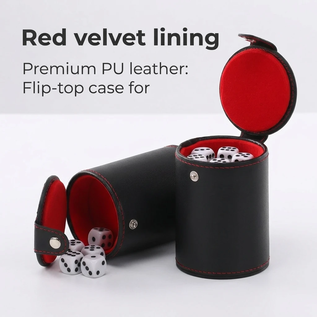 Double Layer Dice Cups, New Black PU Leather Red Flannel Dice Cups, Bar Game Supplies with 6 pcs Dices.