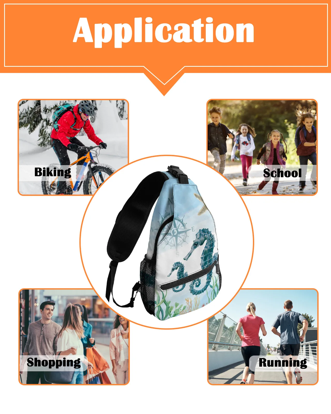 Bolso de pecho de brújula de algas marinas para hombres y mujeres, bolso de hombro impermeable, bolso cruzado deportivo de viaje al aire libre