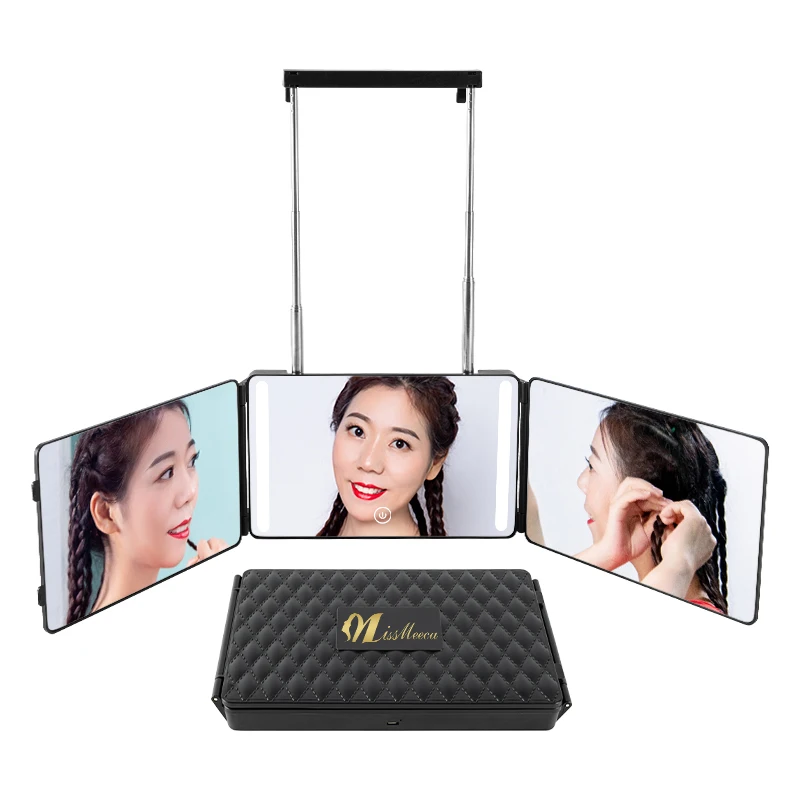 Mini espejo de 3 vías autocortante, espejo de maquillaje de corte 360, LED, ajuste de brillo, afeitado solo, Mini espejo de maquillaje