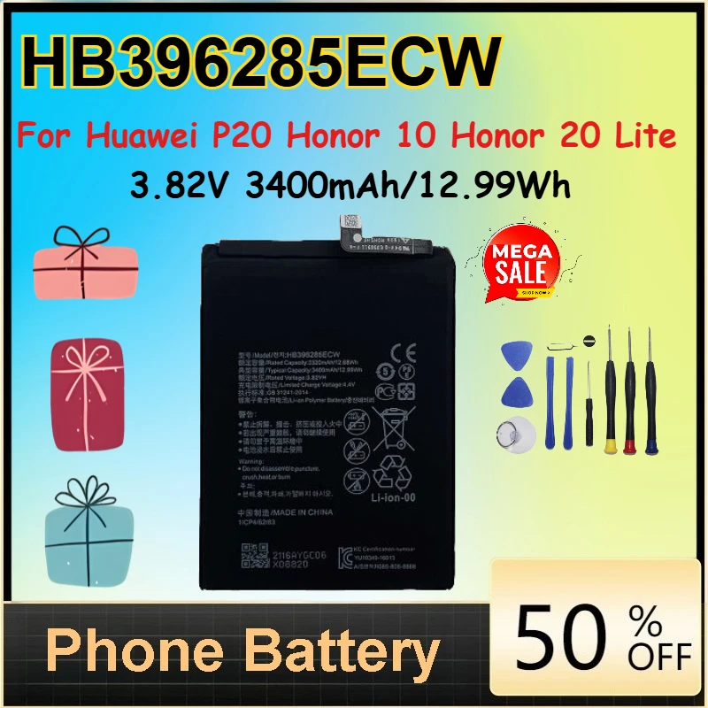 

3.82V 3400mAh/12.99Wh HB396285ECW Li-Ion Rechargeable Battery for Huawei P20 Honor 10 Honor 20 Lite Mobile Phone Batteries