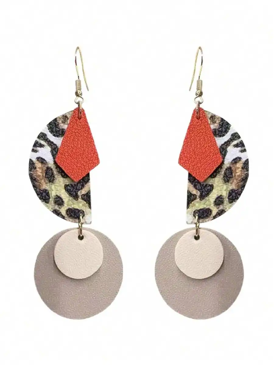 

Leopard Print Geometric Layered Drop Earrings Orange Red Diamond Shape Gray White Circle Lightweight Leather Vintage Fashion