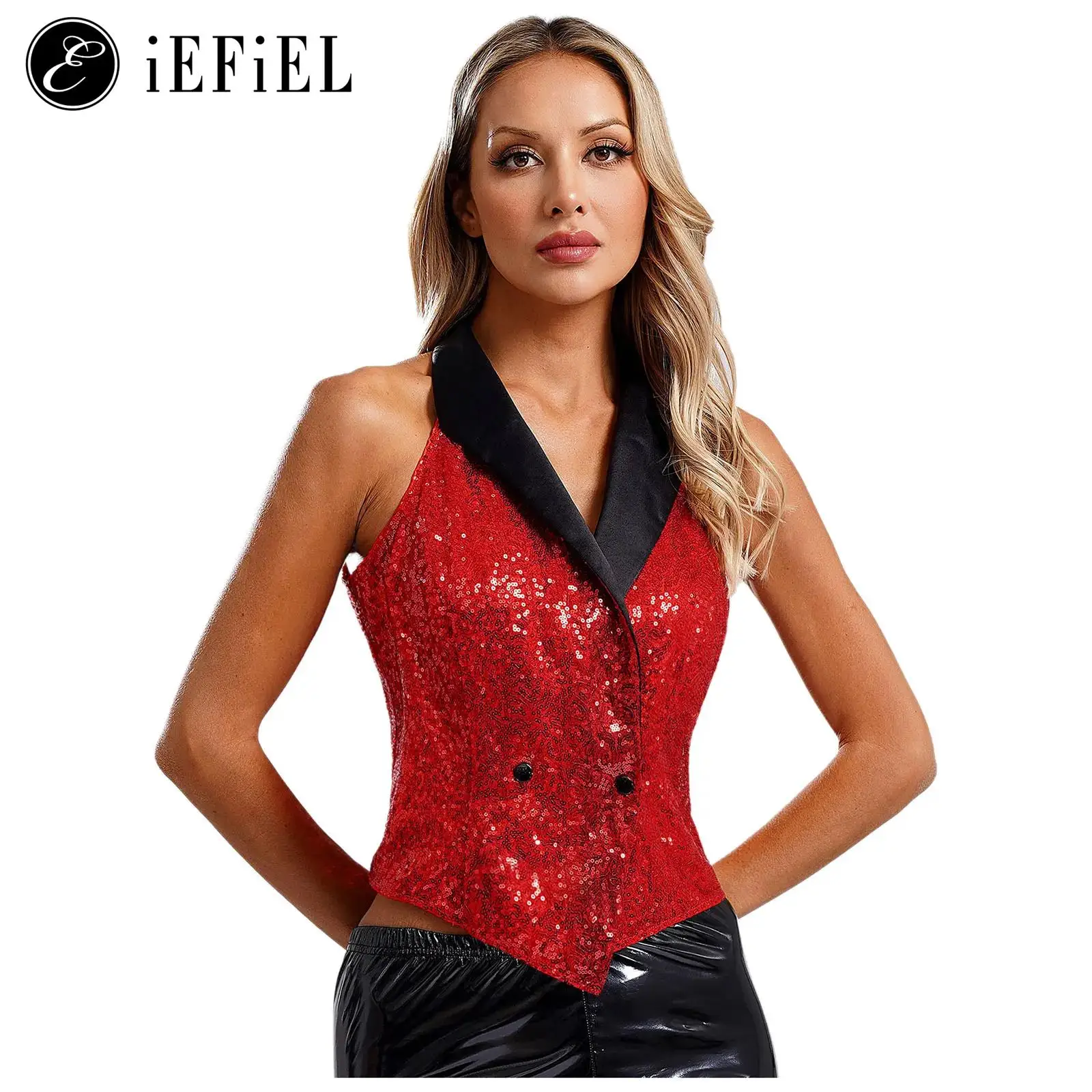 Women Halter Lapel Sequins Waistcoat Modern Jazz Hippie Rave Party Club Crop Top High Street Vest Shirts for Christmas Ballroom