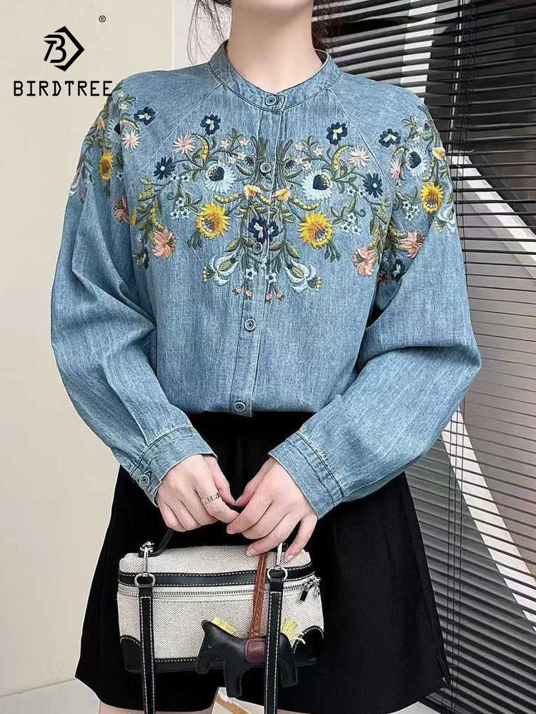 

Новинка 2025, осенняя джинсовая рубашка с длинными рукавами, женская свободная блузка со стойкой и цветочной вышивкой, винтажная свободная блузка Mori Girl в богемном стиле T5N458CC