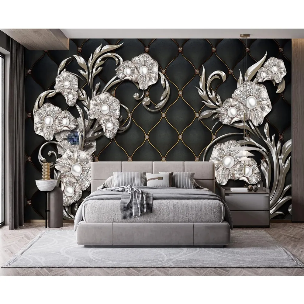 جدارية حائط أنيقة على شكل زهرة منقوشة باللؤلؤ الأسود - ورق جدران مزخرف لغرفة النوم 103 × 69