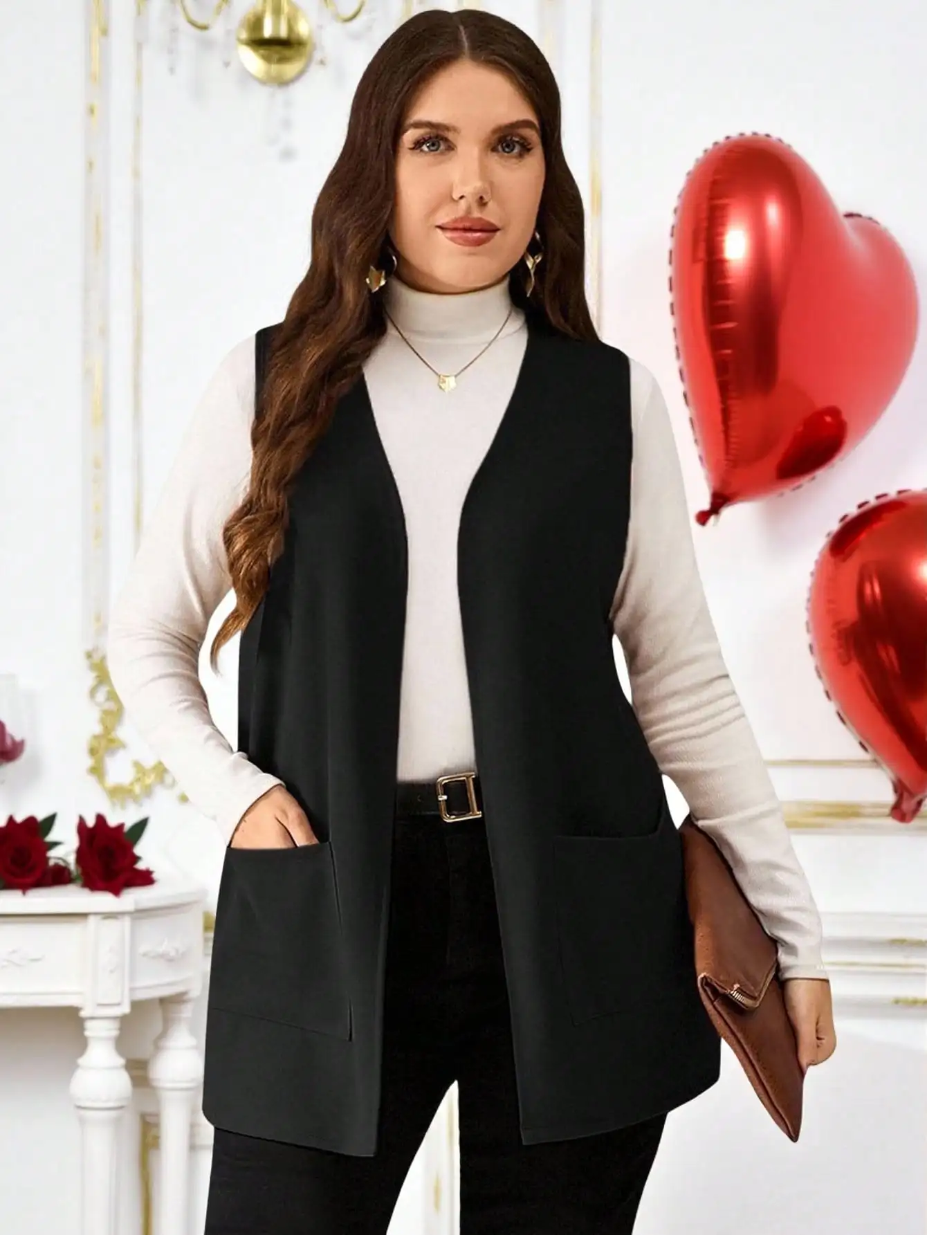 

Женский черный жилет без рукавов больших размеров с карманами, открытый спереди, для офиса и повседневной носки