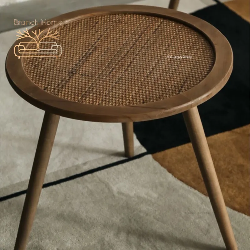 MOMO Bohemian American Retro Solid Wood Coffee Table Natural Rattan Sofa Side Balcony Round Homestay