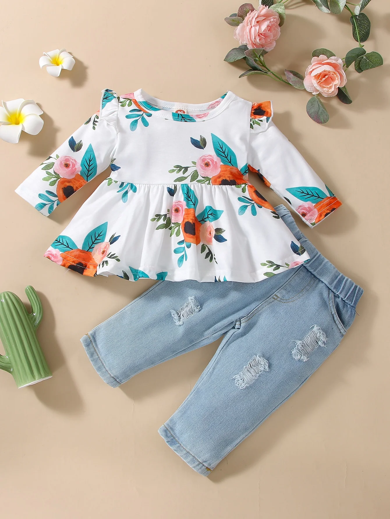 Spring And Autumn Girls Set Round Neck Long Sleeve Flower Pattern Fluffy Top Broken Hole Long Pants Infant Toddler