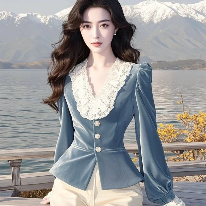 Spitze Nähte V-ausschnitt Samt Shirt frauen Herbst Neue Schlanke Lange-ärmeln Top