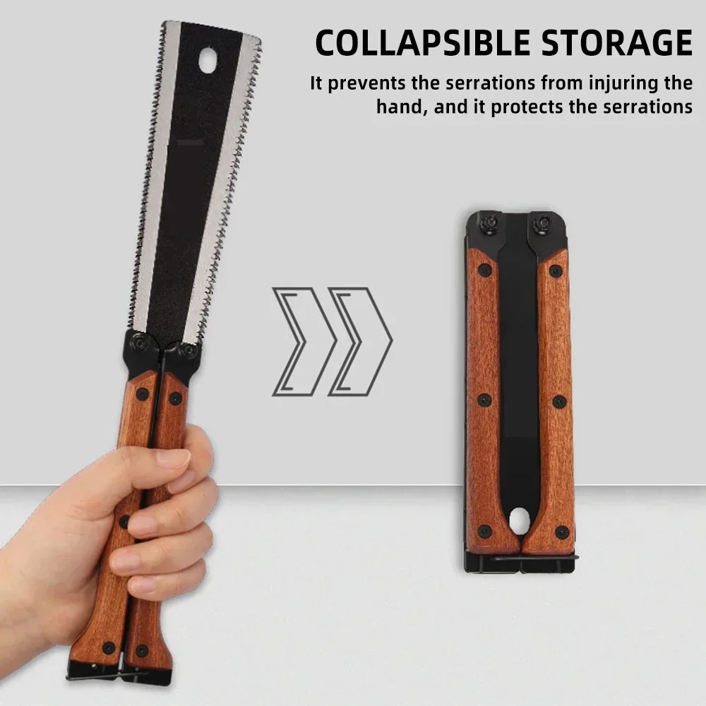Doppelseitige Klappsäge mit Holzgriff für Holzbearbeitung, DIY, Camping, Gartenarbeit und Holzschneiden – Detail 3