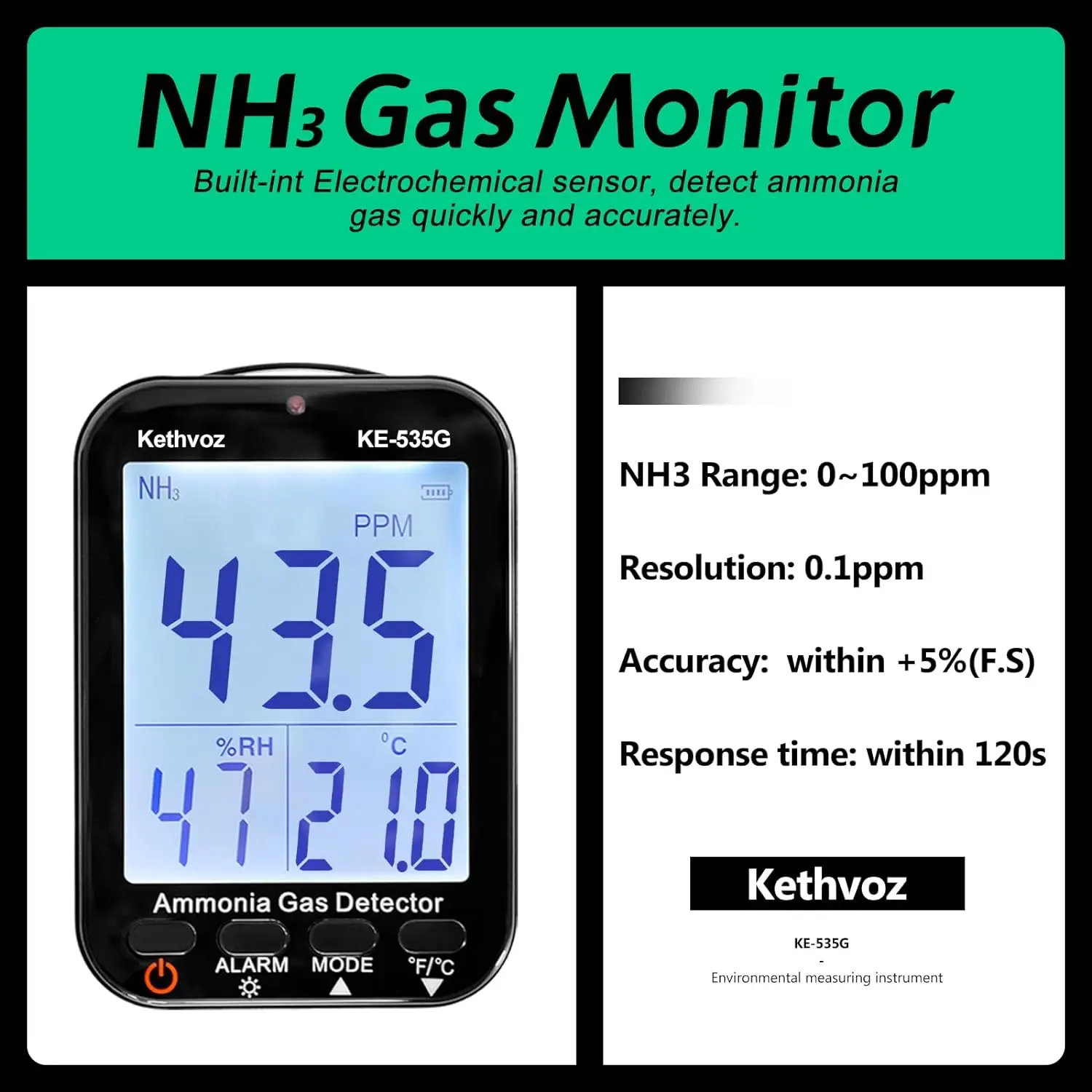 Ammonia Detector Monitor NH3 Air, Ammonia Tester Gas 0~100 PPM with Alarm Buzzer, Wall-Mounted Type,Humy&Temp Sensor Big Display