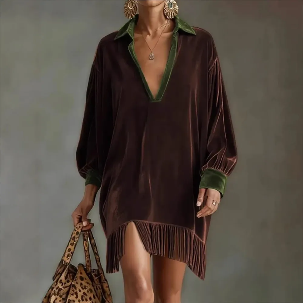 Spring Autumn New Style Contrast Lapel Long Sleeve Retro Dress Women's Casual Loose Pocket Tassel Deep V-Neck Dress Female 2026