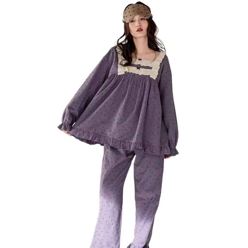 

Fat Sister Extra Large Size 145KG Casual Simple Lace Pajamas Women's Spring and Autumn Loose and Comfortable Outer Loungewear