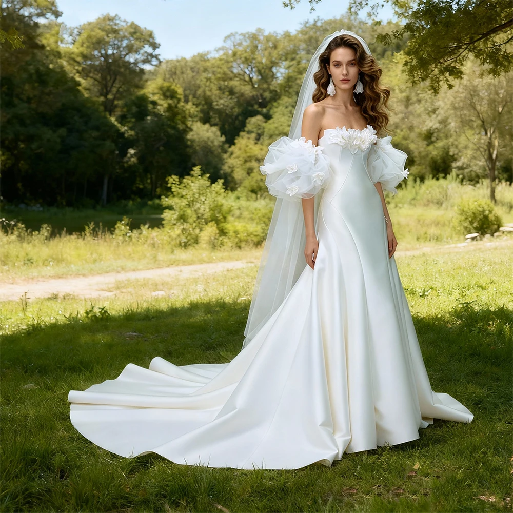 

Атласное свадебное платье русалки для фотосессии со съемными рукавами. Платья на заказ для особых случаев. Элегантные платья.