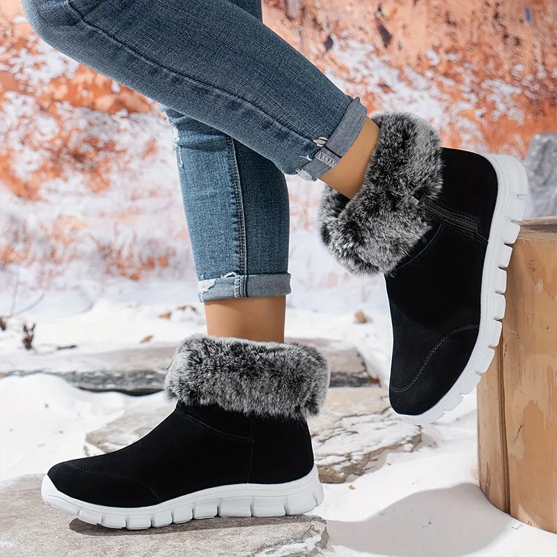 Fur Women Snow Boots ankle Flats Sport Shoes Warm Sneakers Suede Winter New 2024 Walking Casual Short Plush Cotton Shoes Mujer