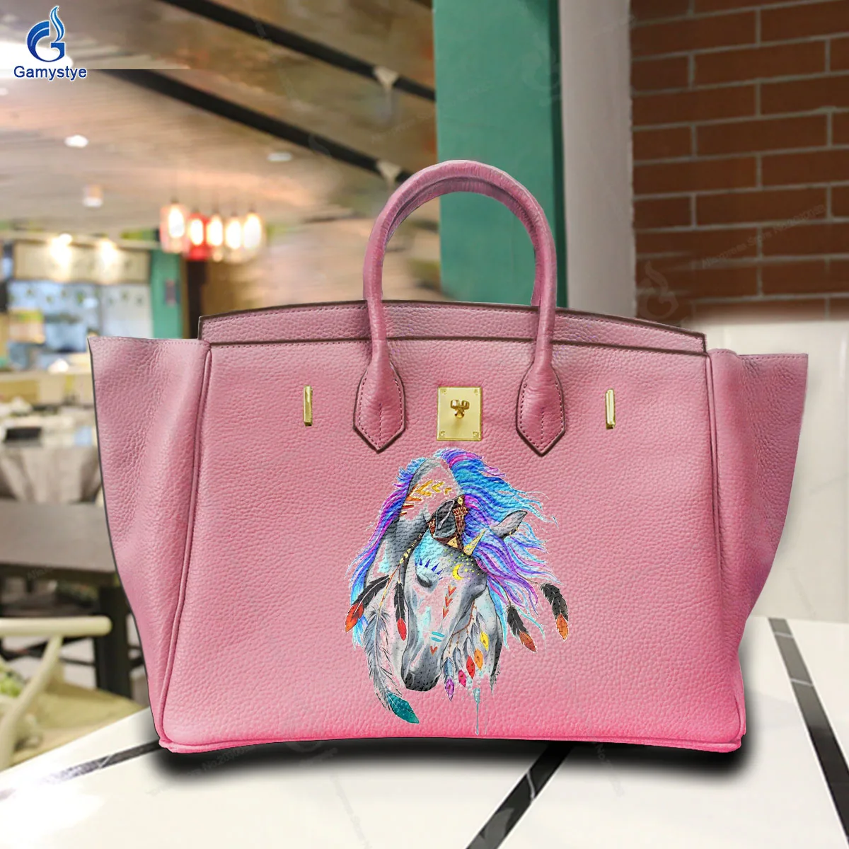 

Art Print Customize Totes Featured White Horse Print Genuine Leather Women'S Fashion Bags Luxury Designer Brands Messenger Bag