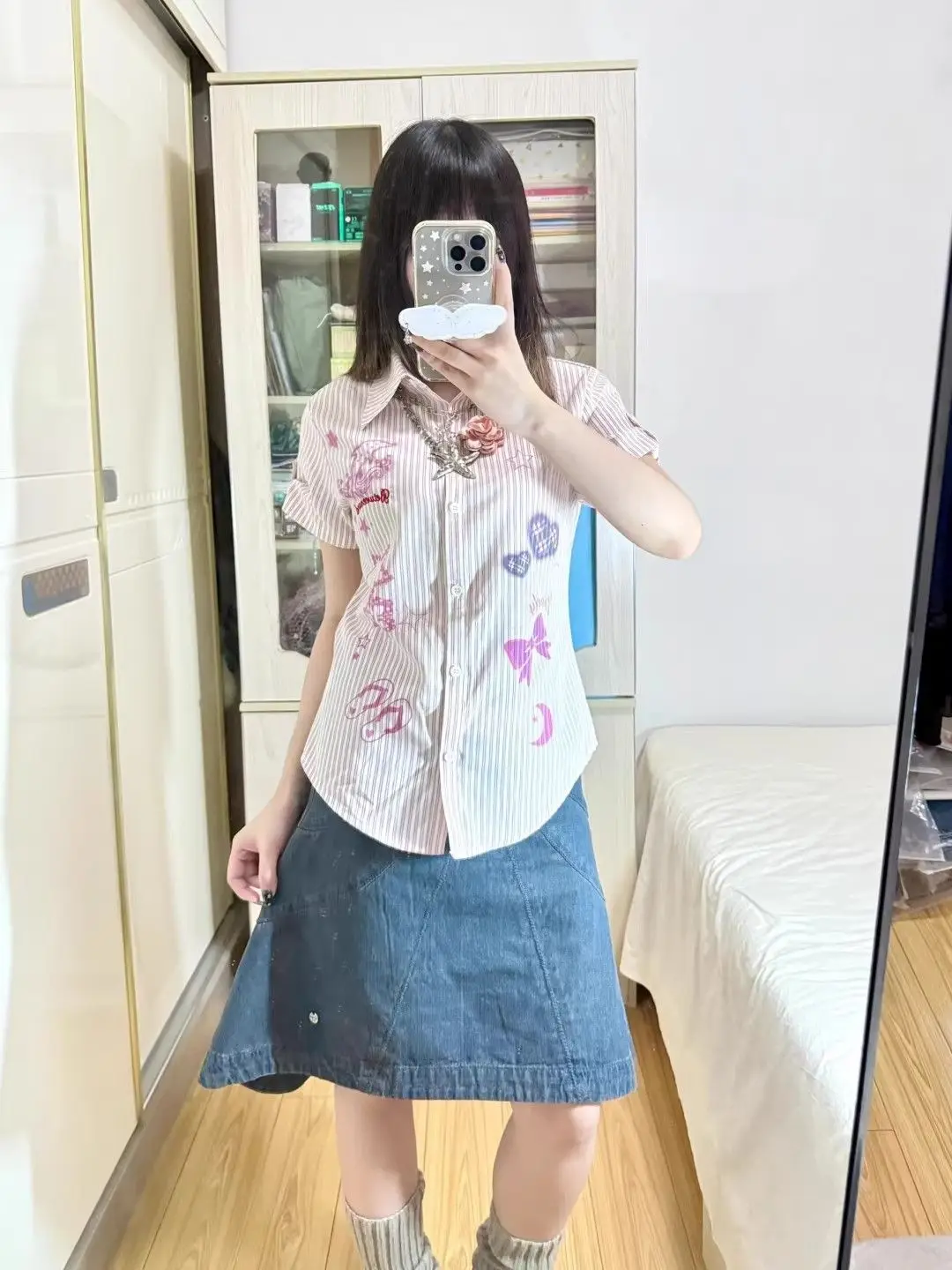 Japanese Cute Style Pink Stripe Short Sleeved Shirt Women Cinched Waist Slimming Effect Embroidered New Top