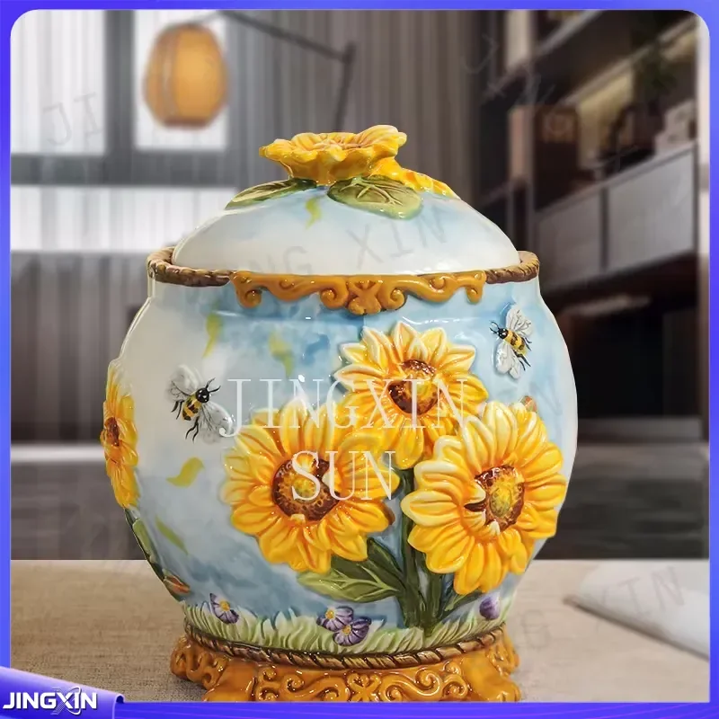 custom for Sunflower Ceramic Sealed Jar Hand Painted Porcelain Storage Container Home Kitchen Decor