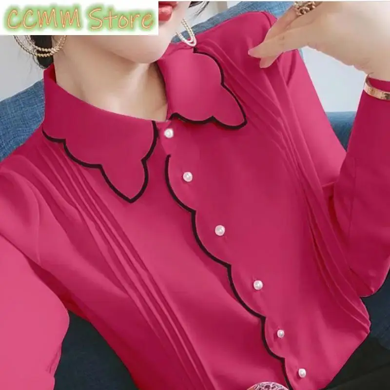 

Sweet Peter Pan Collar Spliced Button Folds Loose Chiffon Blouse Female Clothing Autumn Casual Pullovers Office Lady Tops