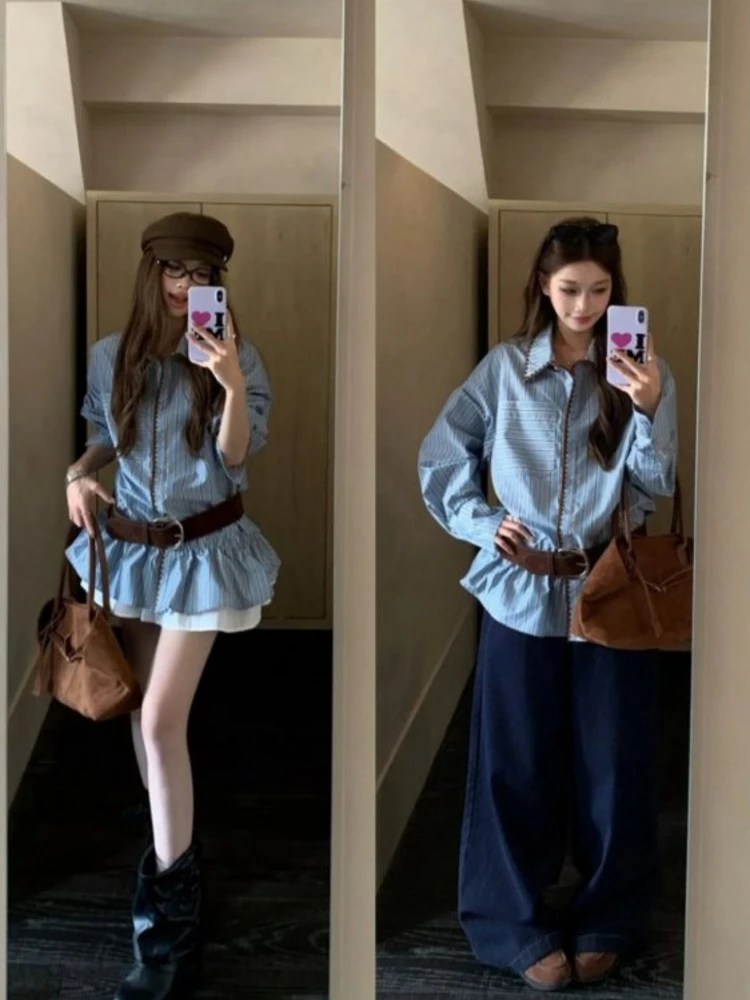 

Синее полосатое платье-рубашка с длинными рукавами для женщин, весенний повседневный стиль, модная верхняя одежда, свободный крой, французский воротник