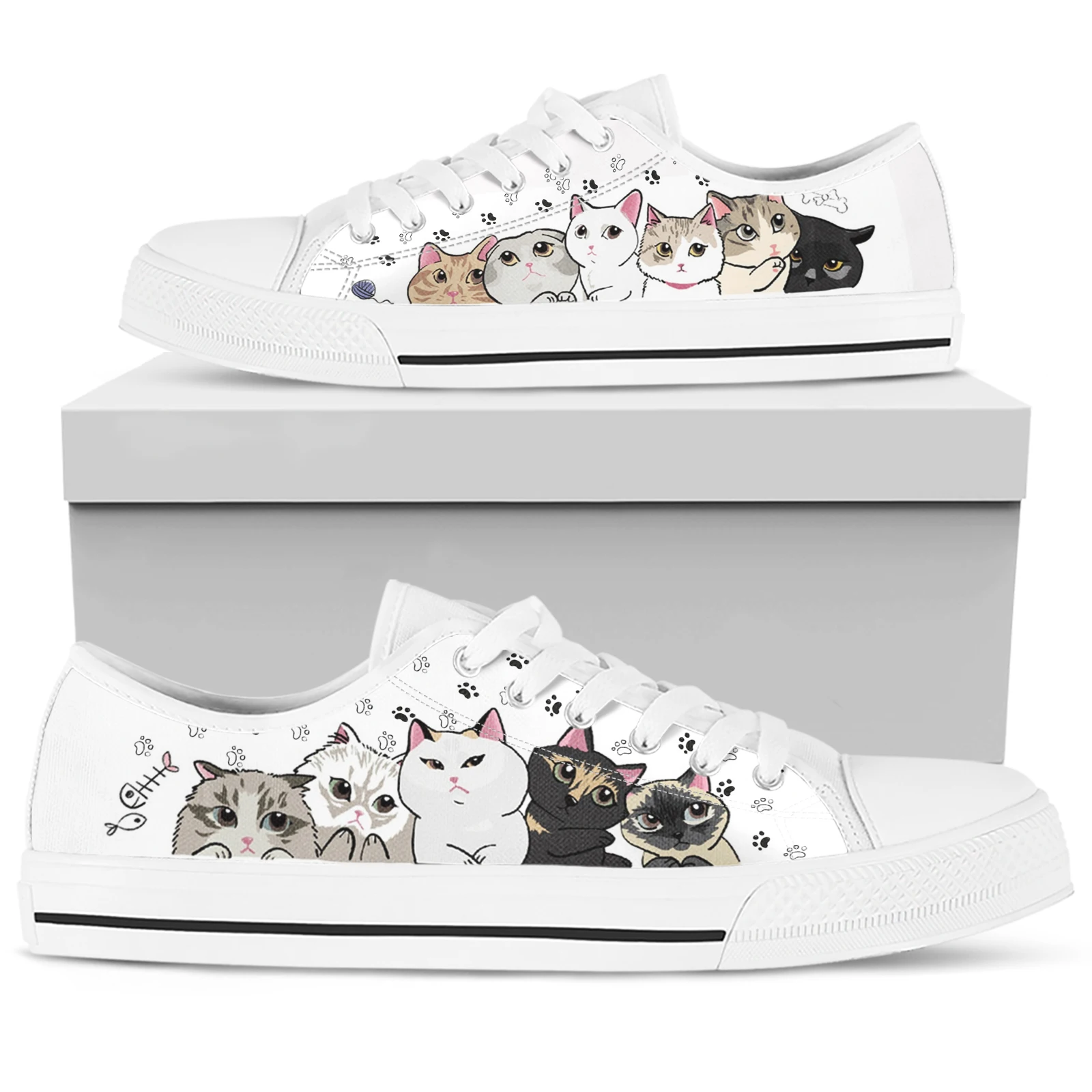 ELVISWORDS Cute Cartoon Cat/kitten/abstract Cat Design White Lace-up Women\'s Shoes Cat Paw Print Loafers Casual Sneakers Flats