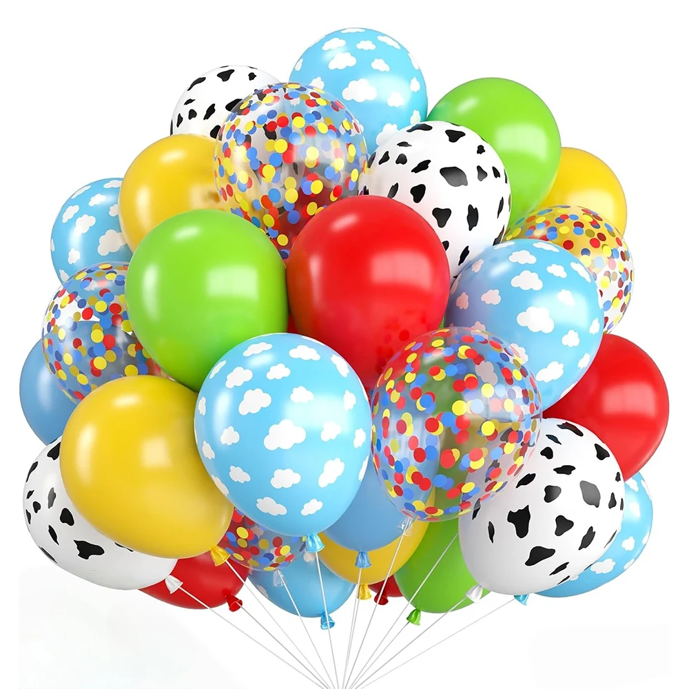 45 Stück 12 Zoll Konfetti-Blau-Grün-Rot-Gelb Kuh-Wolken-Muster Ballon-Set für Toy Story Geburtstagsparty-Dekoration – Detail 1