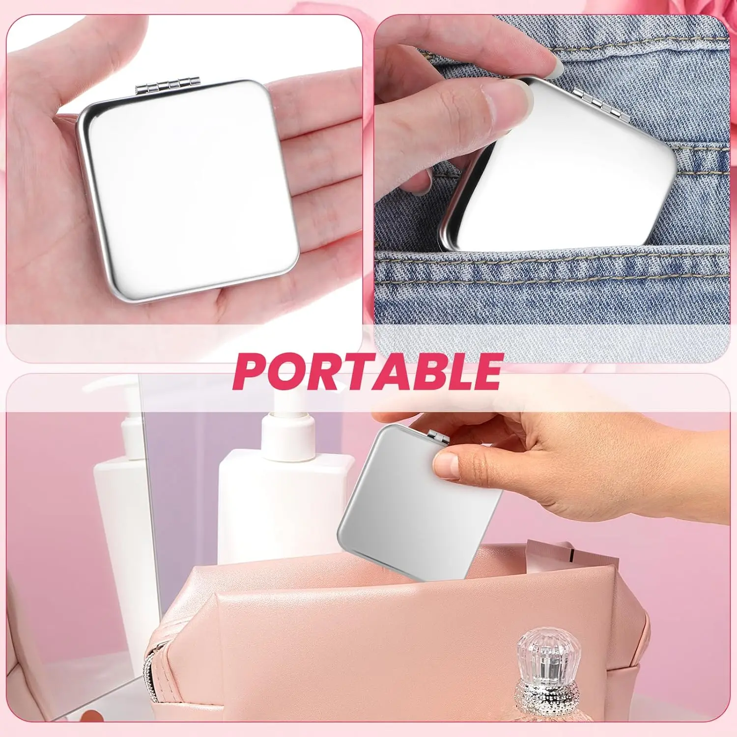 1pc Portable Stainless Steel Makeup Mirror Handheld Pocket Folding Cosmetic Make Up Mirror Double-Sided Elegant for Woman Purse image 4