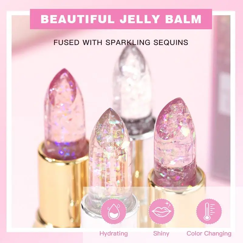 Crystal Jelly Lip Balm Lipstick  Flower Temperature Color Changing Lip Balm Gloss  Transparent Long Lasting Moisturizer Makeup