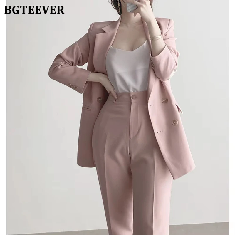

BGTEEVER Chic 2 Pieces Blazer Set for Women Long Sleeve Double Breasted Jackets & Suit Pants Elegant Ladies Trouser Suits