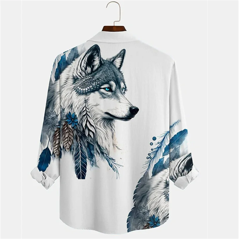 Men's Bamboo Silk Eagle Wolf Skull Print Long Sleeve Casual Shirt
