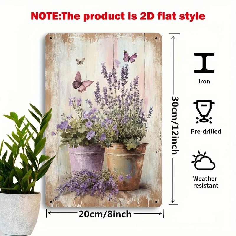 2D Flat, 1pc Vintage Rustic Lavender & Butterfly Metal Wall Art Sign - 8x12 Inch Iron Home Decor with 3D Visual Effect, No Elect
