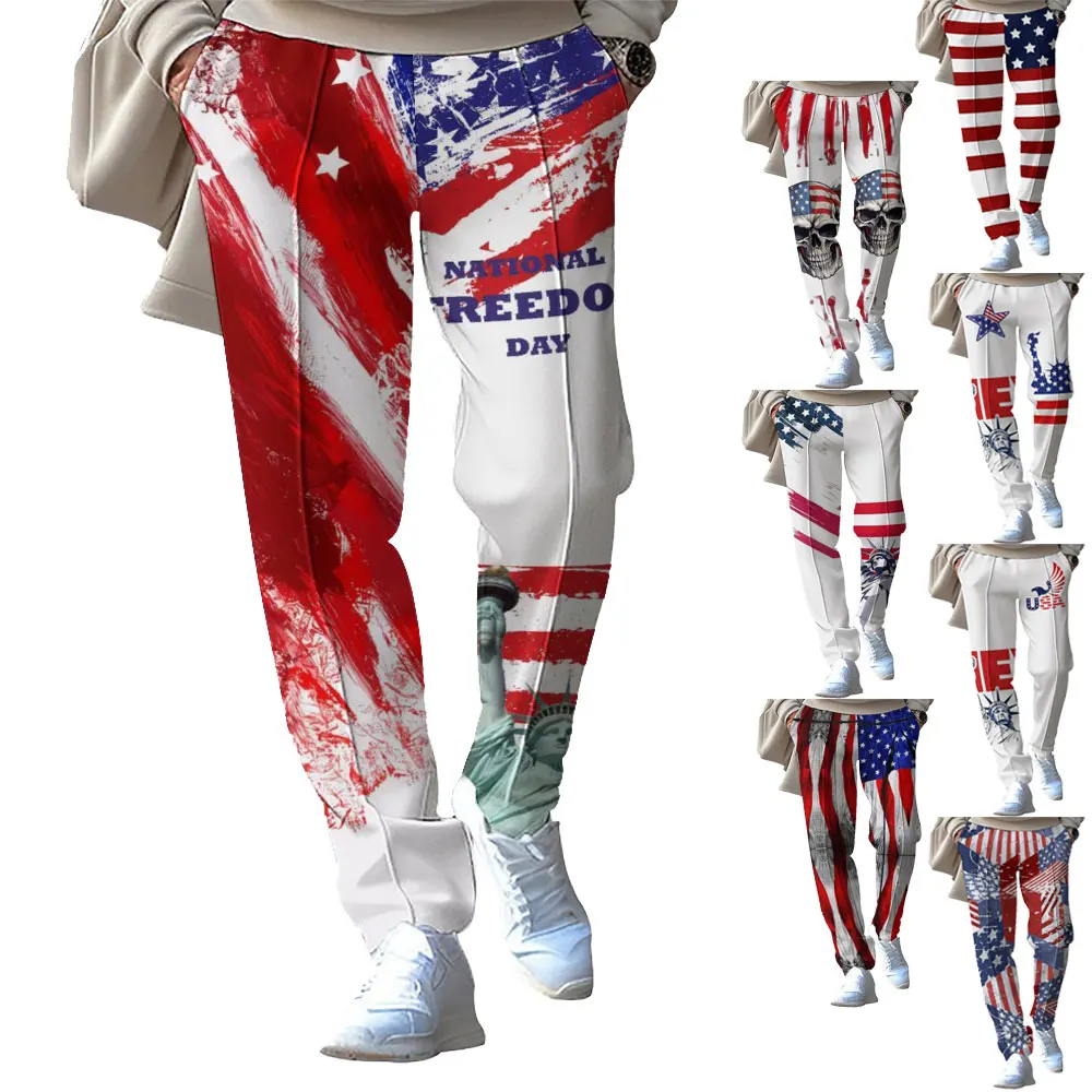 2024 New Spring And Fall Casual Sports Pants Independence Day Flag 3D Printed Straight Leg Small Pants Men's Pants Active Price