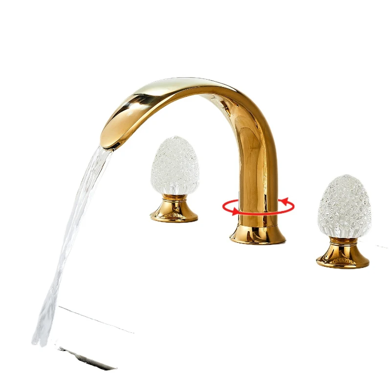 

All copper rotatable waterfall three-hole face wash faucet hot and cold double handle bathroom cabinet sink household