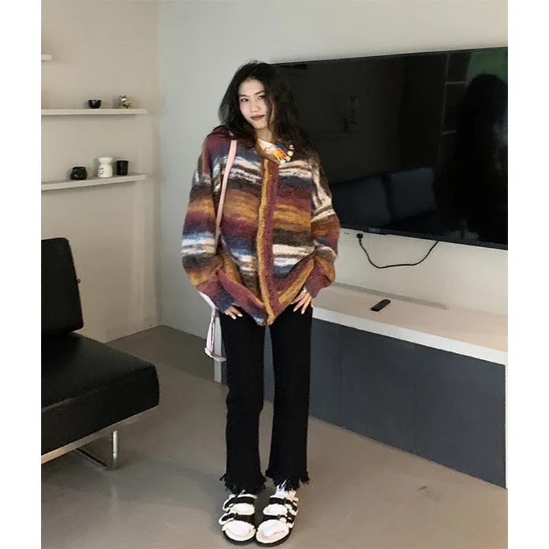 Vintage Striped Knitted Cardigan Women Streetwear Gradient Sweater Coat Harajuku Plus Size Knitwear Korean Patchwork Jumper Tops