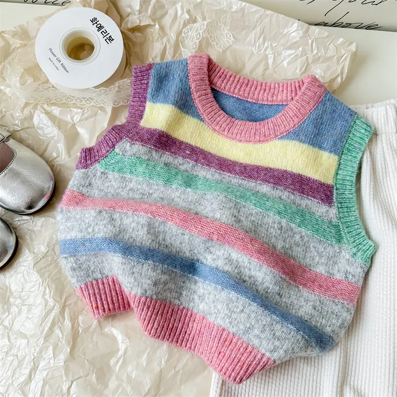 Girls' Colorful Striped Sweater Vest 2024 Autumn New Korean Version Clothing Kids Versatile Knitted Sweater Children's Top