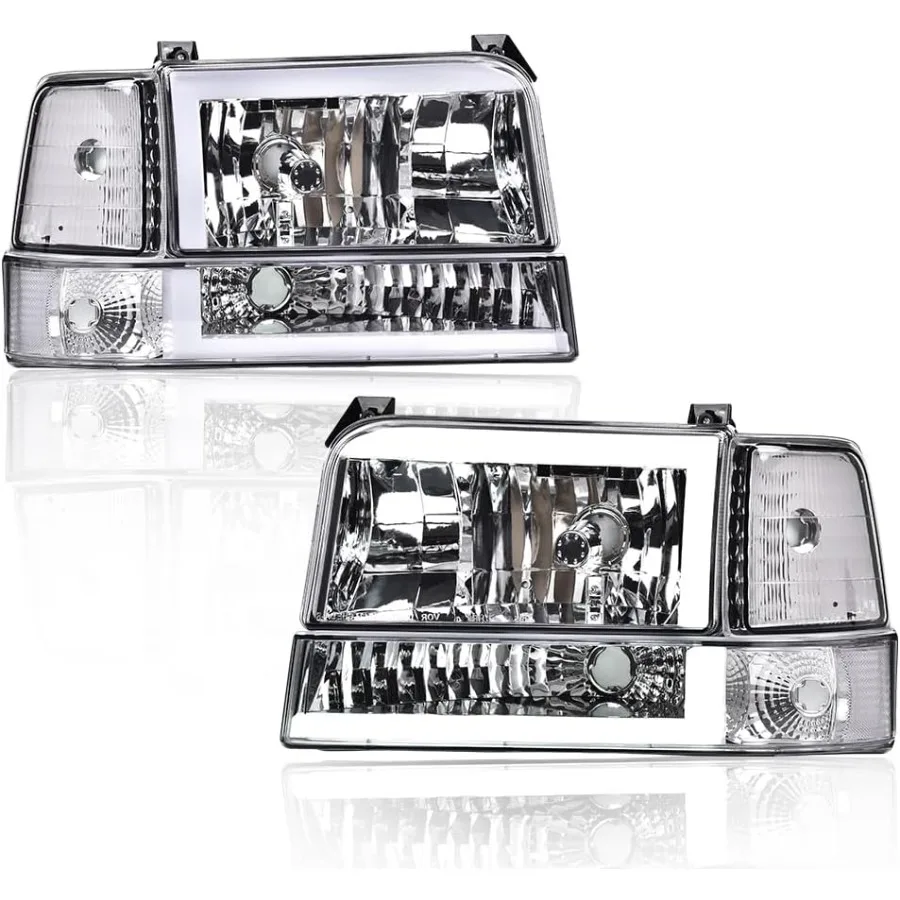 

Светодиодные фары DRL в сборе, совместимые с 19921996 Bronco F150 9297 F250 F350, сверхмощные прозрачные линзы, хромированный корпус