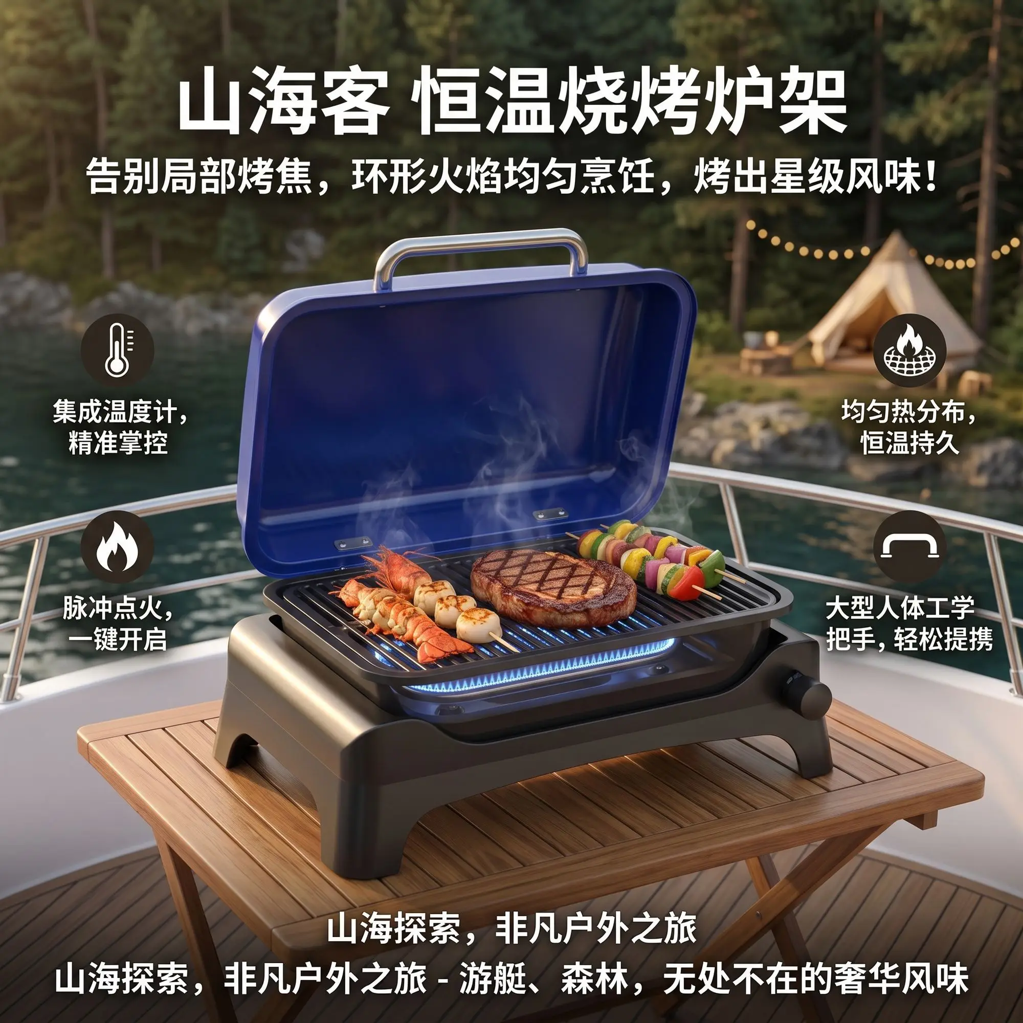 Portable Gas BBQ Grill, Blue Tabletop Barbecue Grill with Thermometer, Even Heat Distribution, Pulse Ignition, Ergonomic Handle