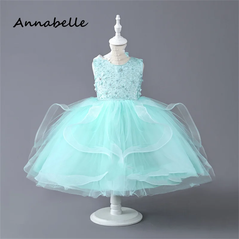 Annabelle Blumen mädchen Kleid geschwollene Spitze Blume Baby Hochzeit Bogen Kleid Priness Mädchen Bogen Geburtstags feier ärmelloses Kleid neu