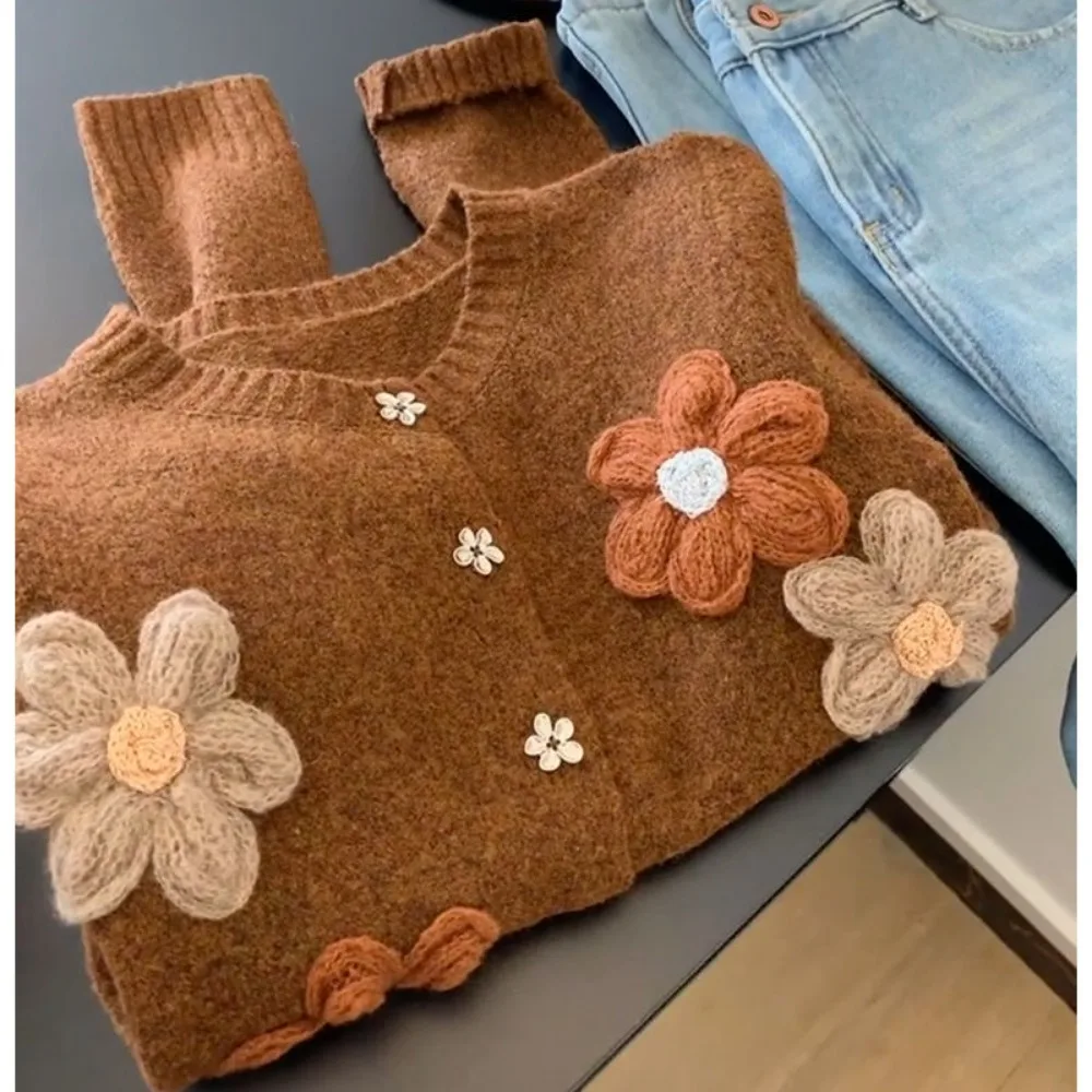 O Neck Lazy Panelled Knit Cardigan All-match Exquisite Literary Sweaters Neploe Loose Warm Jacquard Elegant Handmade Pull Femme