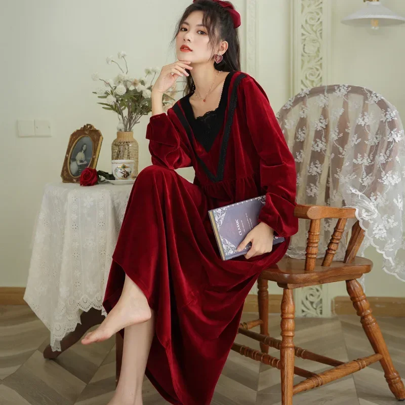 Romantic Victorian Vintage Nightgowns Retro Velvet Night Dress Court Style Sleepwear Women Winter Warm Long Sleeve Robe Peignoir - view 6