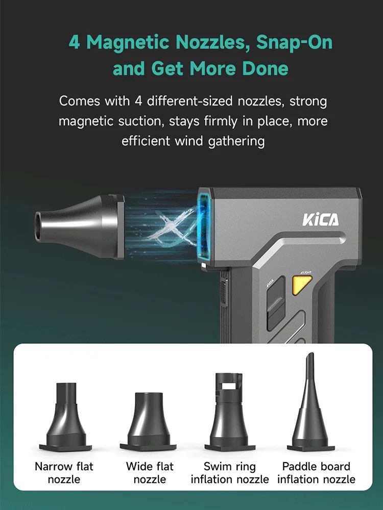 KICA Jetfan Ultra 45m/s منفضة هواء مضغوطة منفاخ كهربائي أضواء LED محمولة لاسلكية 116000   دورة في الدقيقة قابلة للشحن، 4000 مللي أمبير