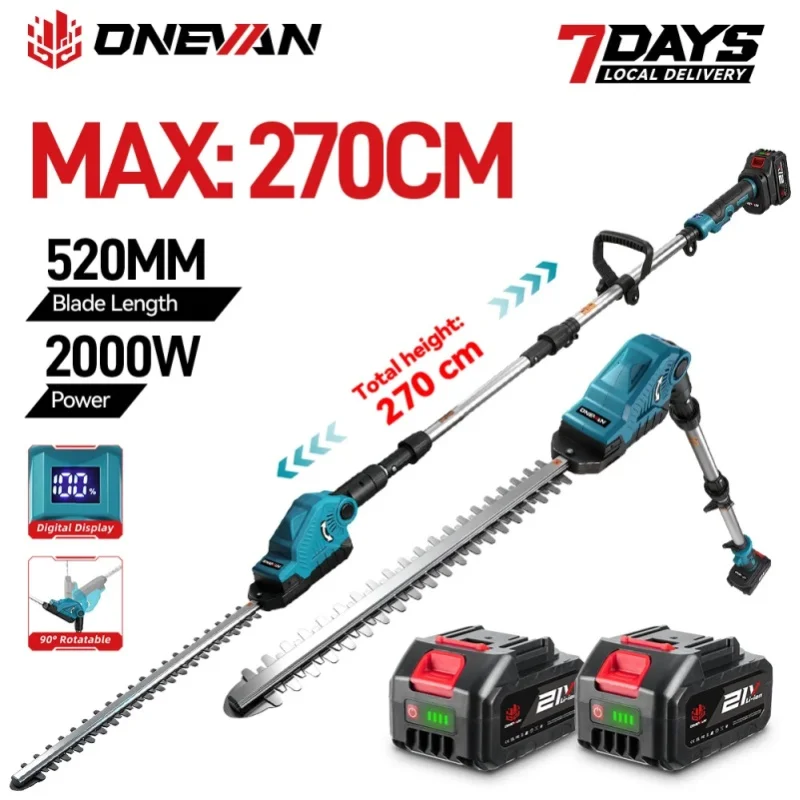 ONEVAN 2000W Elektrische Heckenschere mit Hochastschneider, kabellos, für den Haushalt, Gartenschneidewerkzeug, kompatibel mit Makita-Akkus