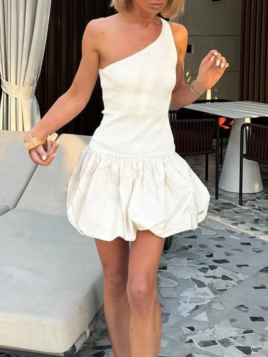 

Women Mini Dress Sleeveless One-shoulder Solid Fit A-line Dress Summer Party Dress