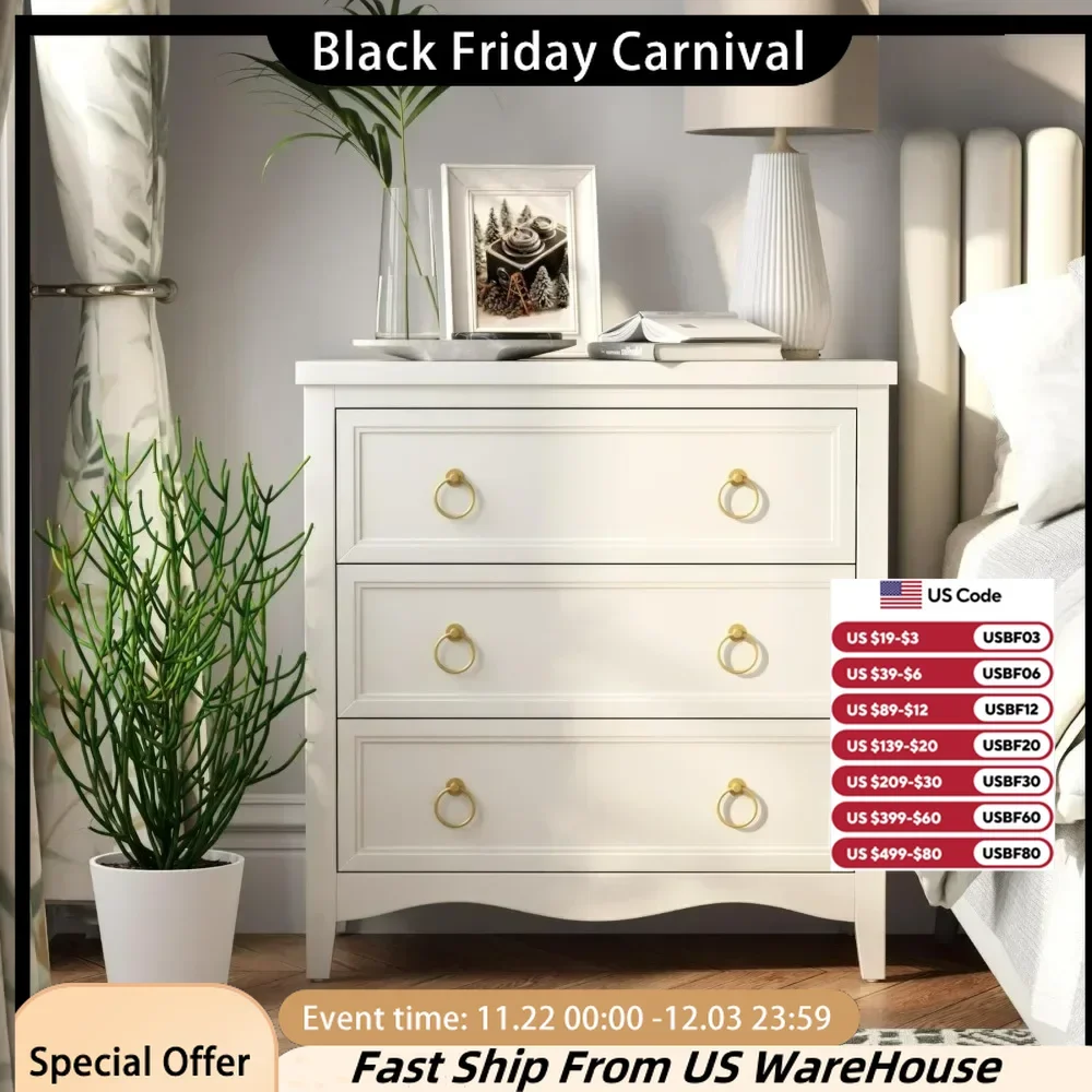 3-Drawer Dresser Chest Cabinet, Fully-Assembled Vintage French Country Nightstand with Bronze Metal Ring Handles, White Dressers