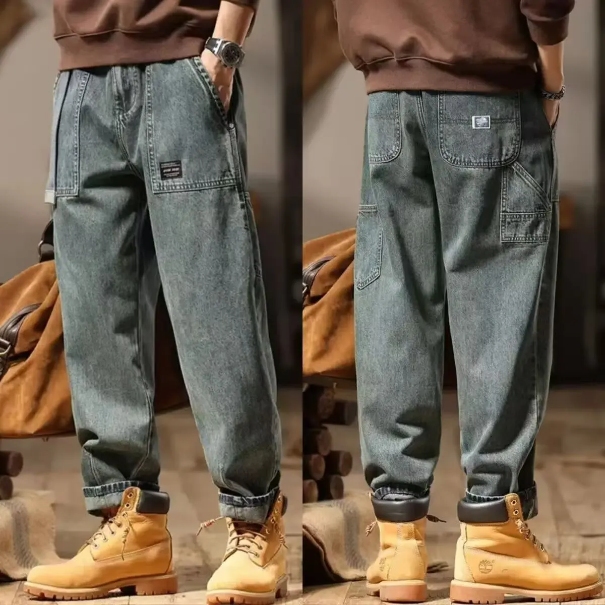 ملابس العمل الرجالية الجينز فضفاضة تناسب عادية الأمريكية الرجعية الخريف الشتاء ular ارتداء مقاومة مستقيم الساق سراويل قطنية